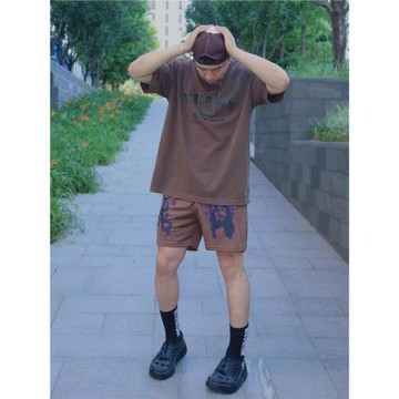 YUANQ上帝涂鴉摩卡四分褲摩卡透氣小眾不過膝運動休閑美式短褲