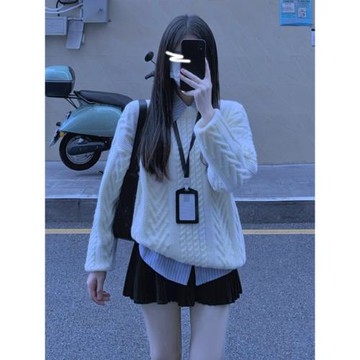 軟糯米白色麻花毛衣女秋冬2026新款慵懶風高級感寬松休閑針織上衣