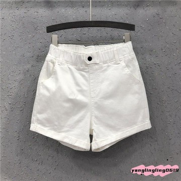 🧊【夏季必備】夏季高腰白色牛仔短褲女 大尺碼寬鬆闊腿顯瘦鬆緊腰褲子素色韓版百搭ｉ