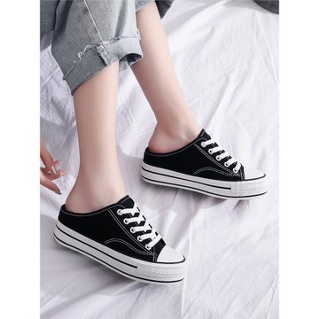 夏季松糕厚底帆布鞋女無跟半拖學生布鞋百搭內增高一腳蹬休閑板鞋