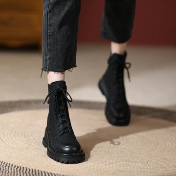 Tisdaini法式復古~真皮小個子系帶馬丁靴女春秋單靴子坡跟短靴5cm