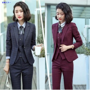 4点セット スーツセット セットアップ スーツ レディース 上下セット シャツ ワイシャツ 白 ホワイト スーツ ジャケット ベスト 長ズボン スカート スーツジャケット ネクタイ付き 長袖 ストライプ柄 着痩せ 体型カバー 大きいサイズ フォーマルウェア Luckland ズボン