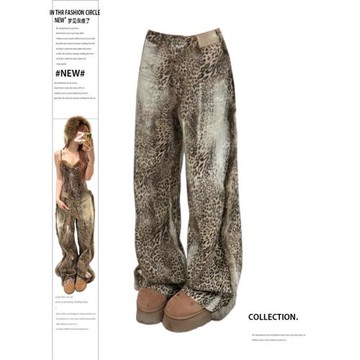 大碼設計感復古絨毛拼接錯位解構牛仔褲女2025春美潮街頭豹紋長褲