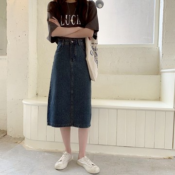 韓版復古高腰牛仔半身裙女春季新款百搭中長款顯瘦開叉裙子女1入