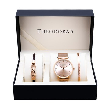 [生日禮物]【Theodora's】情人節禮盒｜女款 Hera 金屬腕錶 粉膚面-米蘭玫金