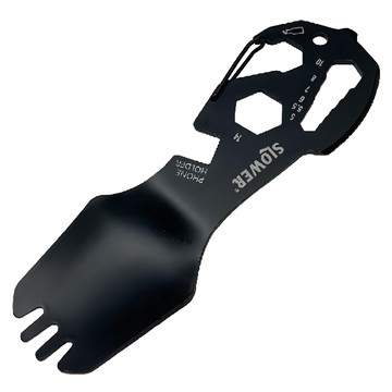 SLOWER 多功能不鏽鋼叉匙 帶掛扣/開瓶器/手機支架/一字螺絲刀/六角扳手/餐刀  黑色  1支