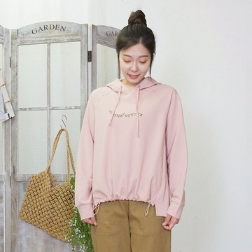 花木馬日系女裝插肩袖前短後長彈力繩收口休閒帽T