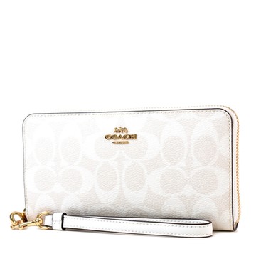 COACH 緹花LOGO防刮皮革手掛式拉鍊長夾-白色