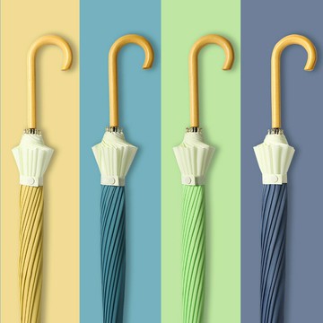 日系小清新素色拼接長柄直桿傘晴雨傘兩用16股彎柄廣告傘定制