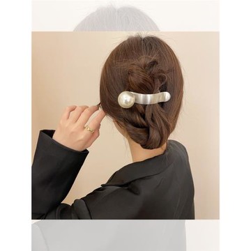韓國簡約設計感大珍珠后腦勺發夾高級感金屬拉絲鯊魚夾盤發鴨嘴夾