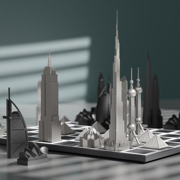 【英國 Skyline】豪華不鏽鋼城市西洋棋-世界地標版 / 方格木質棋盤