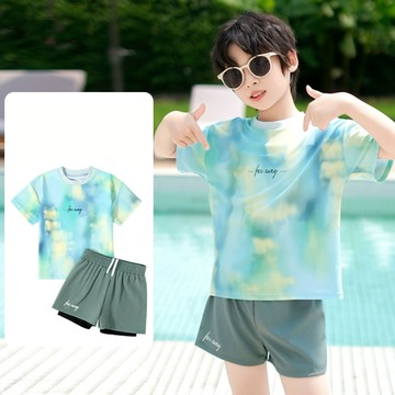 比基尼妮.巴塞水墨短袖二件式短褲泳衣大童泳裝(2-5L)