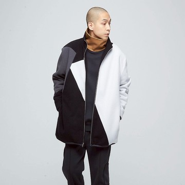 不可退換 /幾何拼接絨毛雙面外套(中性)-煤黑/南極灰