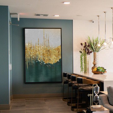 綠松石嵌金絲I - 金色葉子深綠抽象畫/輕奢抽象藝術畫/居家設計