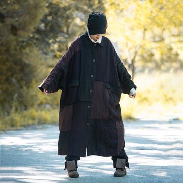 麻依者春秋大格子拼接長袍植物染撞色簡樸風復古風衣雙層保暖859