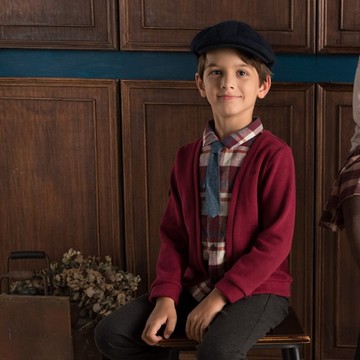 PIPPY 紳士風可拆式格紋領帶棉質翻領假兩件長袖上衣-紅色