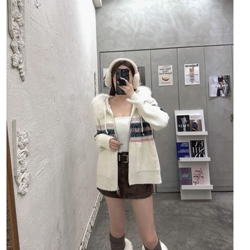 (現貨) 韓版 氣質小姐姐 毛圈連帽雪花針織外套 百搭休閒 親膚柔軟 不會刺 修身顯瘦 針織外套 女生外套 韓系穿搭