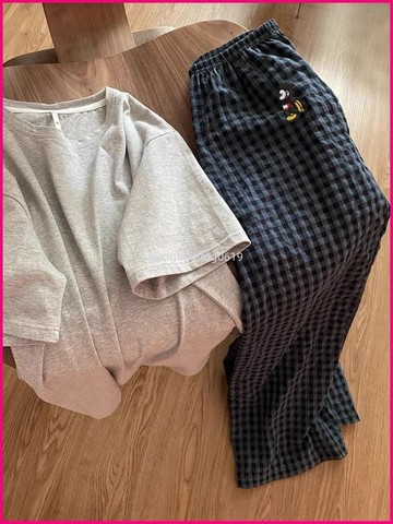 睡衣女春秋季短袖長褲韓版寬鬆運動休閒簡約格紋家居服套裝可外穿 TVYA