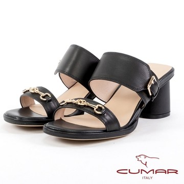 【CUMAR】金屬馬銜釦裝飾粗跟涼拖鞋-黑