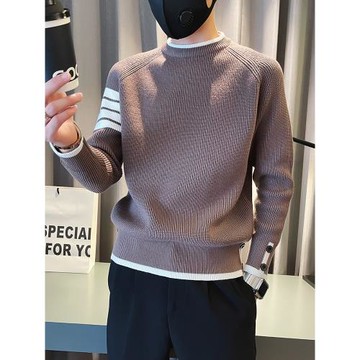 潮牌圓領黑白條紋修身毛衣針織衫