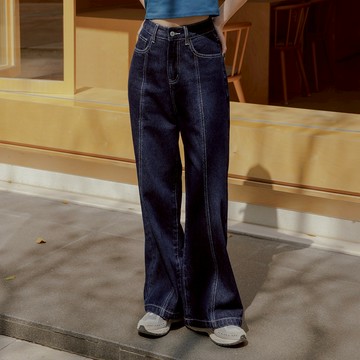 QUEENSHOP_ S 女裝 撞色車線剪接寬版牛仔褲 S/M/L 現+預 【04011805】