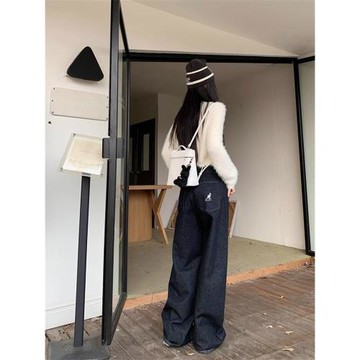 KENGDL 復古深藍色直筒牛仔褲女2024秋季新款高腰闊腿拖地褲子