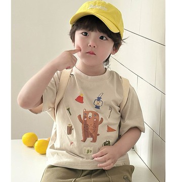 BOMI - 涼感吸濕透氣圓領短袖上衣-棕熊戶外遊-卡其