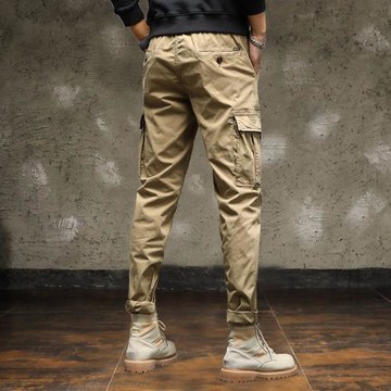 美式工裝褲男士夏季修身多口袋直筒卡其色松緊腰休閑夏季薄褲子男