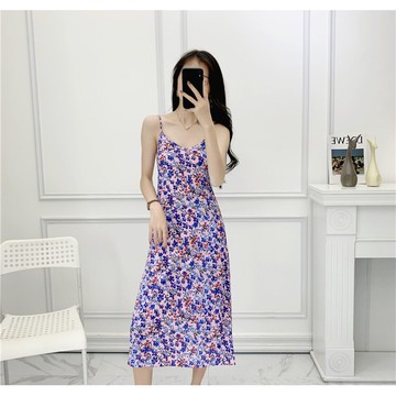 新夏季女裝法式復古碎花印花打底裙V領修身顯瘦無袖吊帶裙