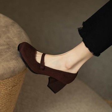 2025春秋新款女鞋法式復古磨砂軟皮一字扣粗跟方頭淺口瑪麗珍單鞋