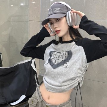 美式復古辣妹插肩長袖t恤女春秋設計感小眾抽繩修身短款露臍上衣