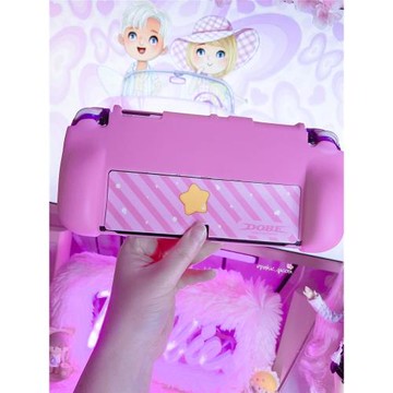 任天堂SwitchOLED保護殼帶握把SwitchOLED粉色殼送搖桿帽卡盒貼紙