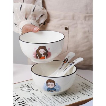 情侶碗一對情侶款家用碗勺套裝高顏值卡通日式可愛陶瓷飯碗牛排盤
