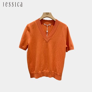 JESSICA - 簡約經典百搭V領短袖針織衫242504（橘）