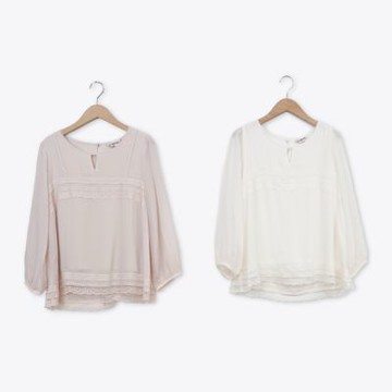 【CUMAR】假兩件式氣質蕾絲十字星點雪紡襯衫 粉 米