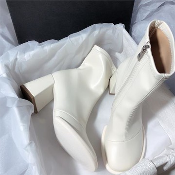 森嶼海巷 原宿簡約粗跟短筒ins風日系側拉鏈彈力靴高跟真皮時裝靴