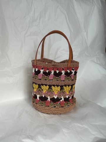純手工編織 夏天的顏色草編水桶包 真皮手提袋 summer yarn bag