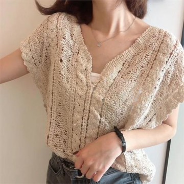 外穿鉤花V領針織蕾絲馬甲背心女夏季新款無袖上衣短款外搭馬夾