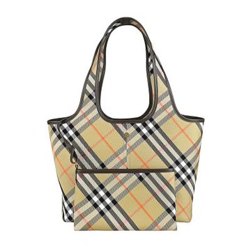 BURBERRY 經典格紋棉織布鍍金馬術騎士LOGO手提/肩背子母購物包(沙米)