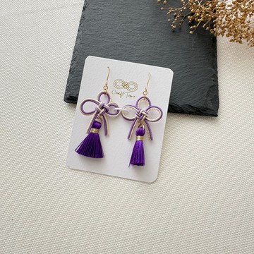 【水引】【紫色】葉結與流蘇耳環 / 推薦搭配正式場合
