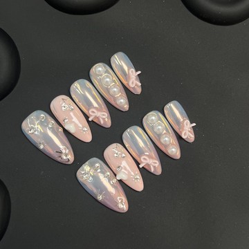 🌼Hannah🌼爆款來襲染甲手工穿戴甲歐美跨境極光法式杏仁甲魚尾珍珠浮鵰美甲成品工廠長款美甲2026新款上新KJ17