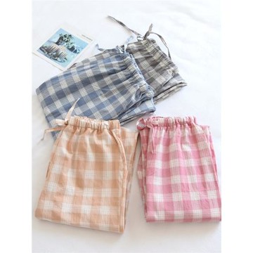 春秋薄款新款簡約日系格子情侶款水洗棉純棉女睡褲可外穿居家長褲