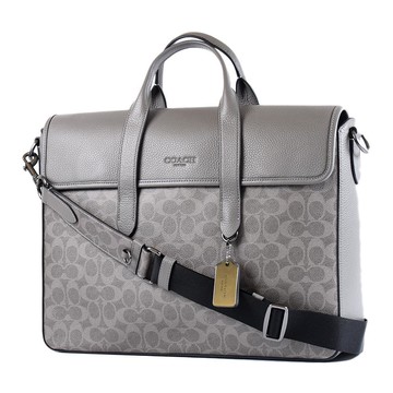 COACH 男款 防刮磁吸翻蓋手提斜背二用公事包-炭灰