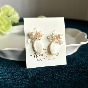 純白Bijoux耳環 14KGF 白貝殻 白水晶 淡水珍珠 / 耳夾