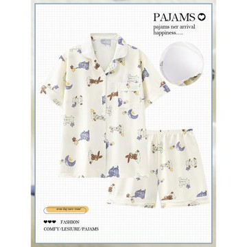動物派對夏季睡衣女云朵棉短袖帶胸墊一體式防凸點夏天家居服套裝