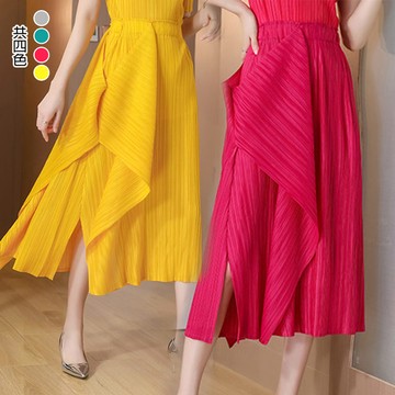 【韓國K.W.-歐美】KSD2865柔情女神壓褶風格裙子(設計師款 褶衣 雪紡 亞麻 小香風)