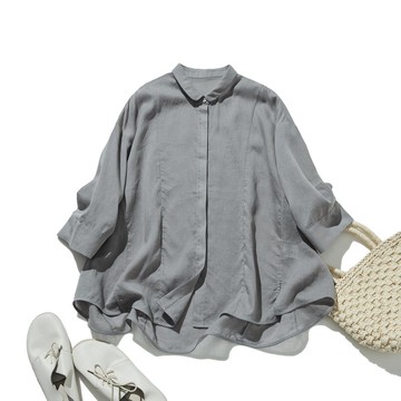 炎熱季節也能兼顧時尚與舒適 亞麻萊賽爾混紡罩衫 九分袖上衣 灰色 250802-4