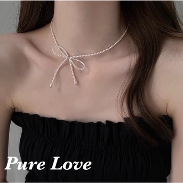 Pure Love樂芙 / 正韓 銀飾【S925純銀】N01131簡約通體純銀甜美珍珠蝴蝶結鎖骨鏈 短項鏈 / 銀