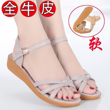 媽媽涼鞋真皮2024夏季新款按摩牛筋軟底中老年平跟平底大碼女鞋