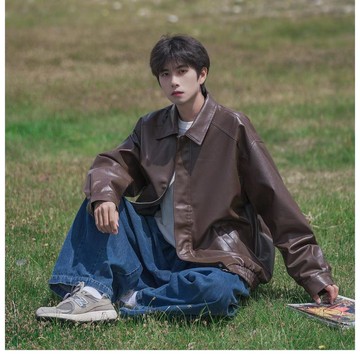 美式復古痞帥潮流皮衣外套男春秋季休閒寬鬆情侶翻領夾克男